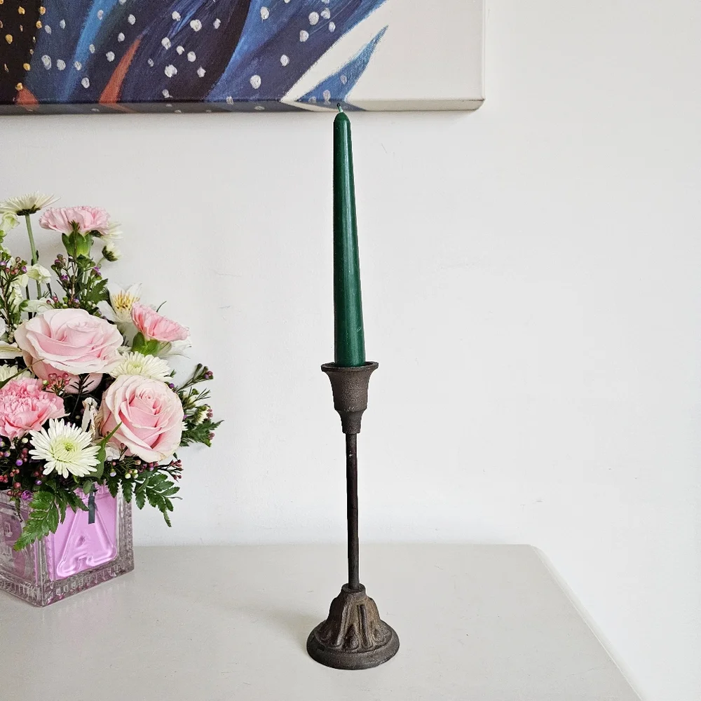 Antique Wrought Cast Iron Goth Candlestick Pillar CandleHolder & Green Candle